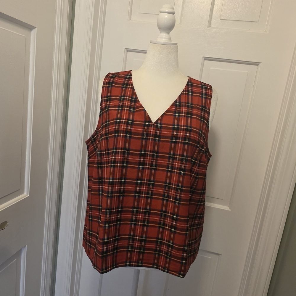 J. Crew Factory Red Plaid V-Neck Blouse Size XXL, Festive, Preppy, Layering
